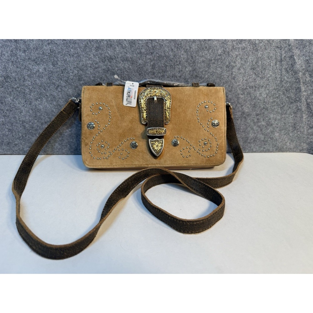 Montana West Western Crossbody Bag Tan Suede Rhinestone Buckle Studded N6443008